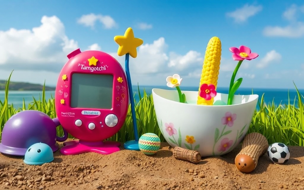 Огромный Tamagotchi Paradise рядом с обычными предметами для сравнения размеров.